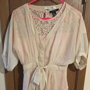 Forever 21 blouse/tee beige chiffon/lace pink